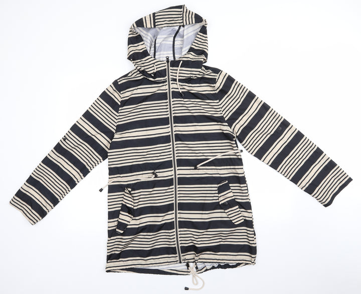 Atmosphere Womens Beige Striped Parka Coat Size S - Adjustable Length Sleeves Drawstring Hood Waist Hem Black & Beige Stripe