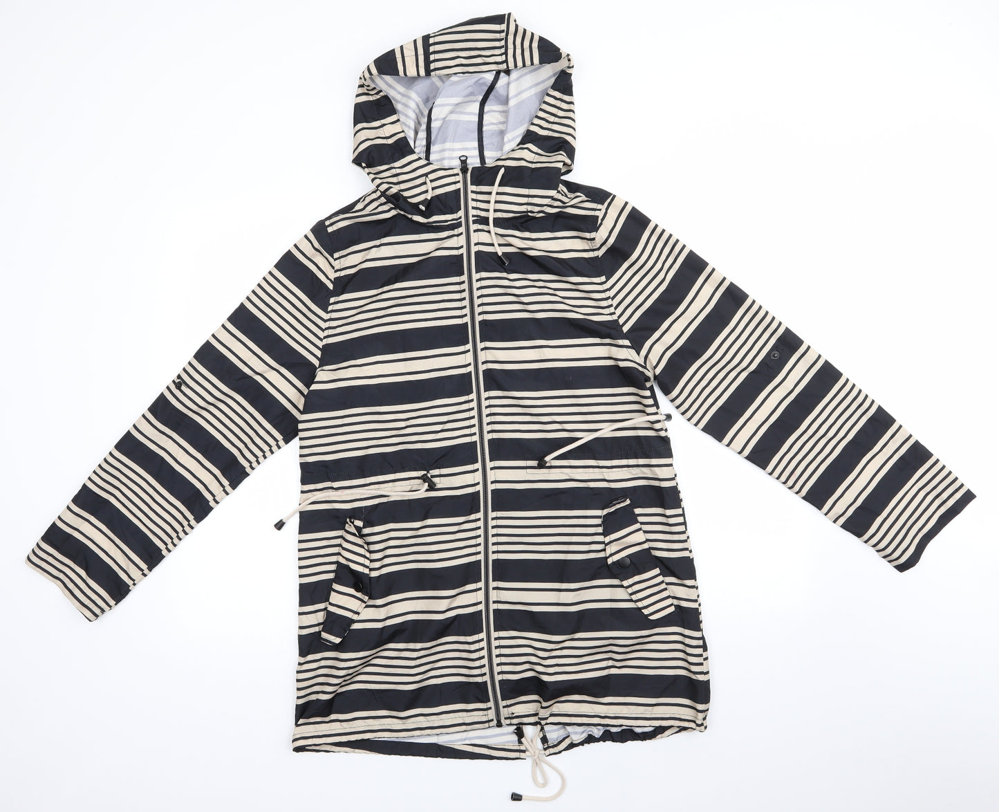 Atmosphere Womens Beige Striped  Parka Coat Size S   - Adjustable Length Sleeves Drawstring Hood Waist Hem Black & Beige Stripe
