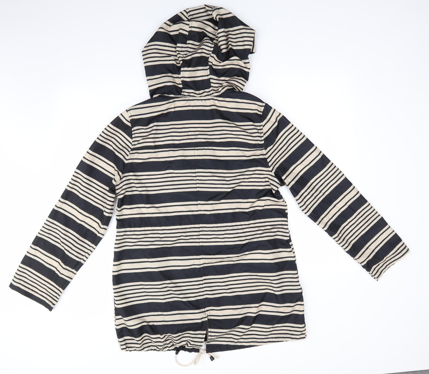 Atmosphere Womens Beige Striped  Parka Coat Size S   - Adjustable Length Sleeves Drawstring Hood Waist Hem Black & Beige Stripe