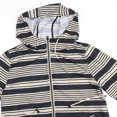 Atmosphere Womens Beige Striped  Parka Coat Size S   - Adjustable Length Sleeves Drawstring Hood Waist Hem Black & Beige Stripe