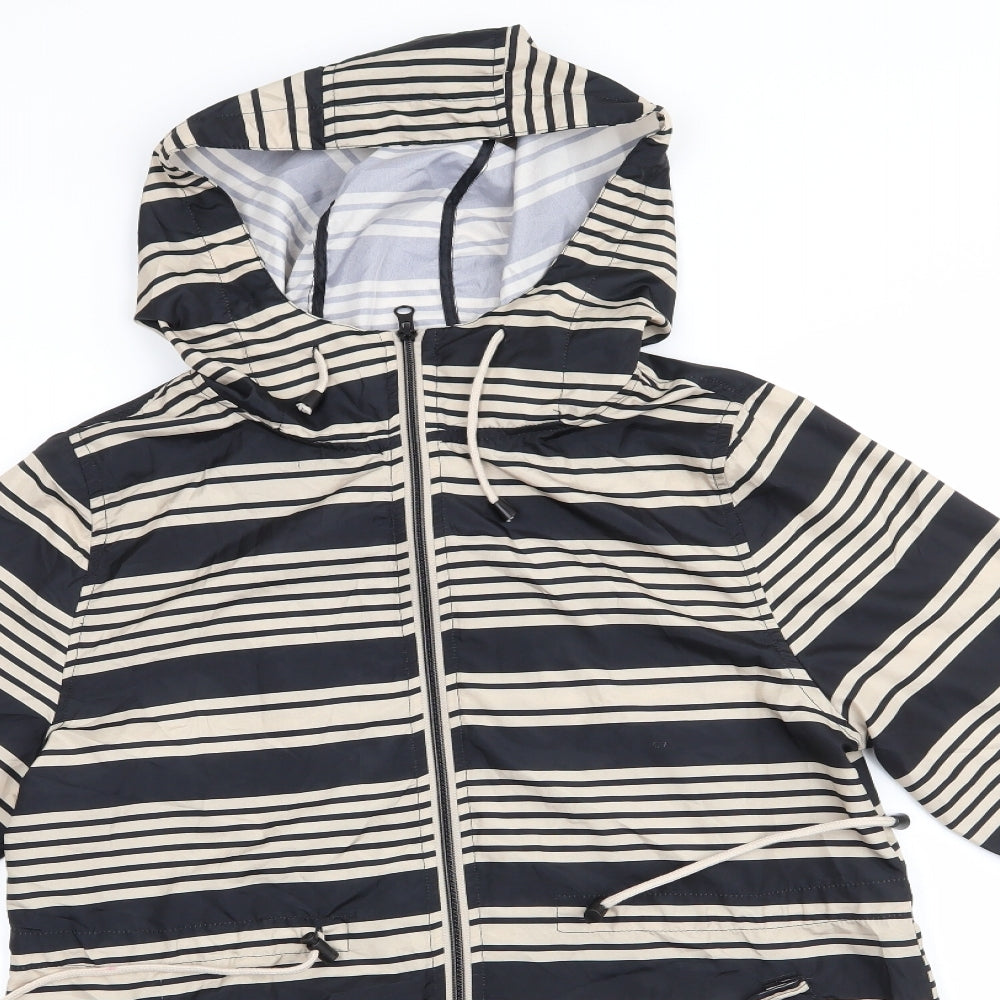 Atmosphere Womens Beige Striped  Parka Coat Size S   - Adjustable Length Sleeves Drawstring Hood Waist Hem Black & Beige Stripe