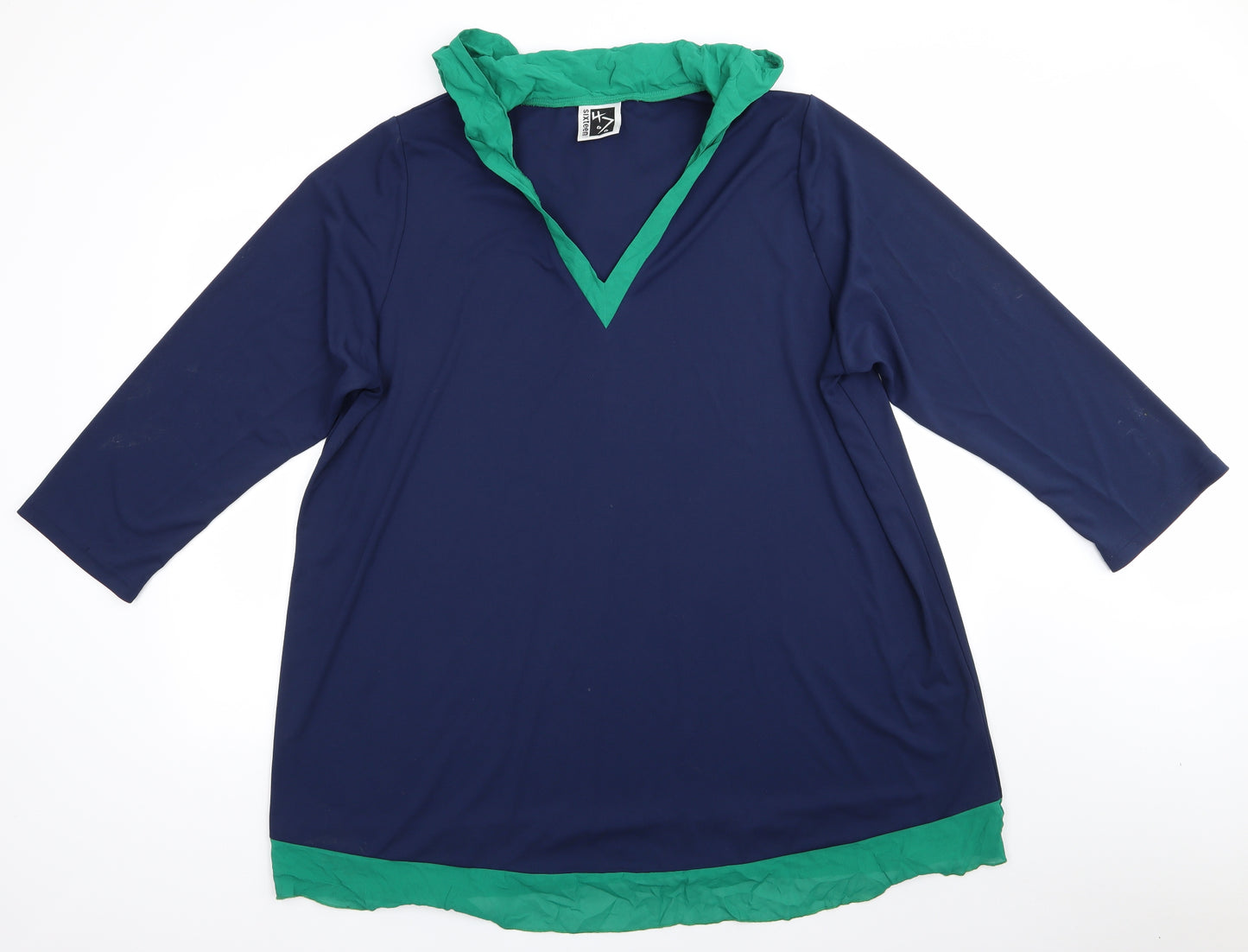 47 Sixteen Womens Blue  Polyester A-Line  Size 22  V-Neck  - Navy Blue with Green Hood Neck & Hem Trim