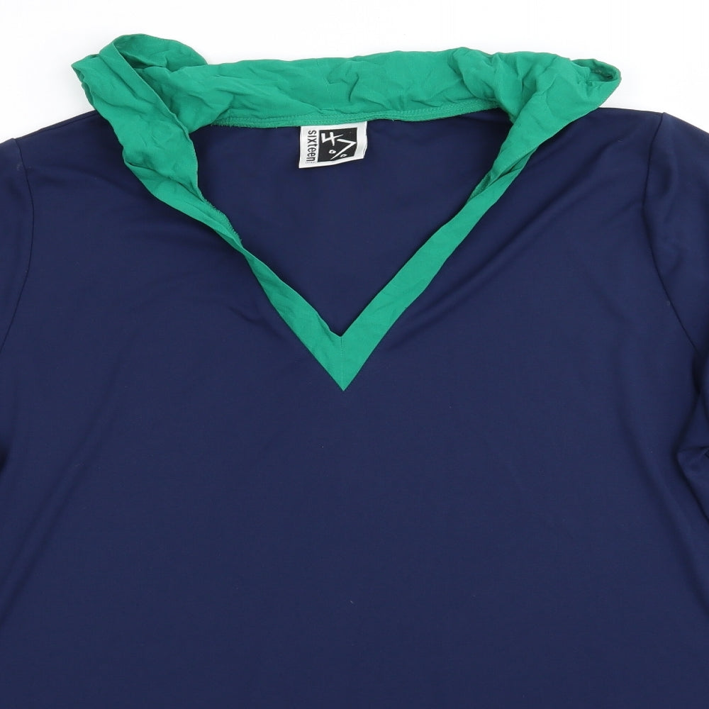 47 Sixteen Womens Blue  Polyester A-Line  Size 22  V-Neck  - Navy Blue with Green Hood Neck & Hem Trim