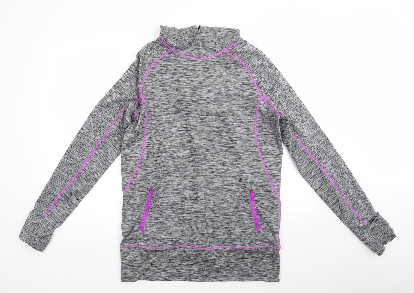 Matalan Womens Grey  Polyester Pullover Hoodie Size M   - Black Grey Mix with purple trim