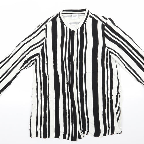 Mama Licious Womens Black Striped Viscose Tunic Button-Up Size L High Neck - Vertical Black & White Stripes Mandarin type collar Concealed buttons