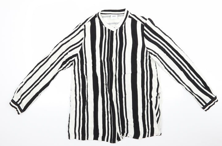Mama Licious Womens Black Striped Viscose Tunic Button-Up Size L High Neck - Vertical Black & White Stripes Mandarin type collar Concealed buttons