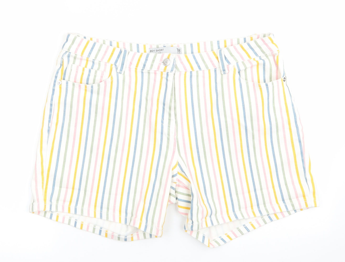 NEXT Womens Ivory Striped Cotton Boyfriend Shorts Size 18 L6 in Regular  - Vertical Stripes Pink Green Yellow Blue