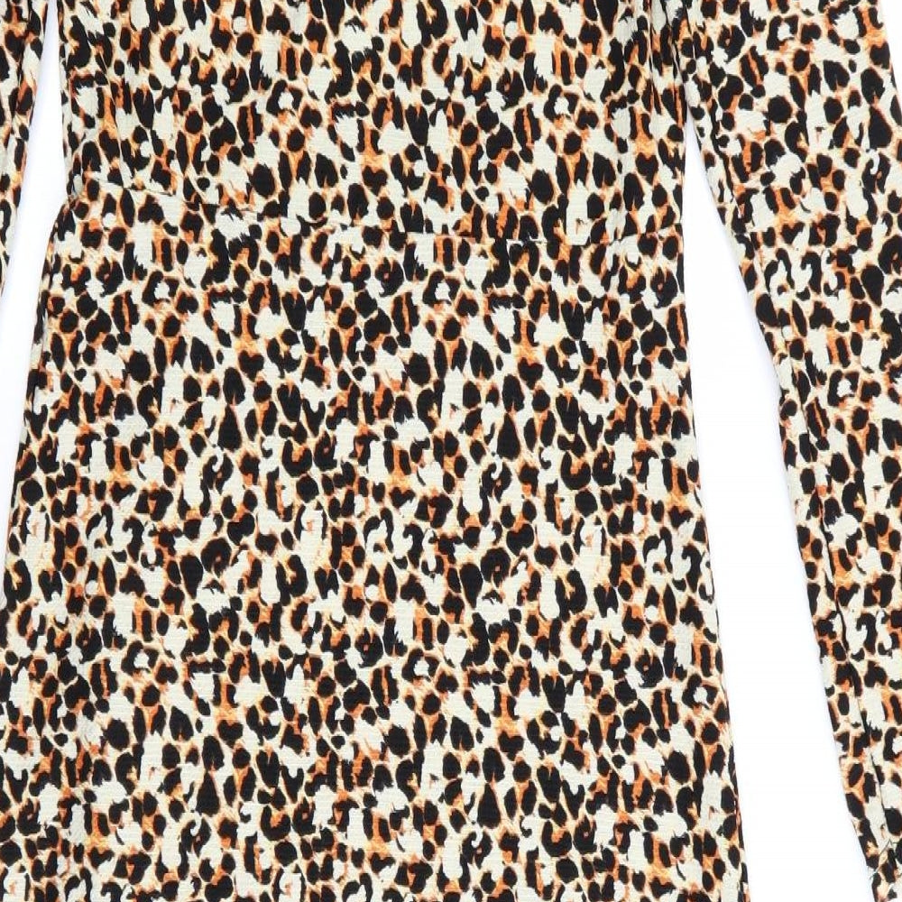 River Island Womens Beige Animal Print Polyester Maxi  Size 10  Round Neck  - Black Gold Orange print Vented to one knee