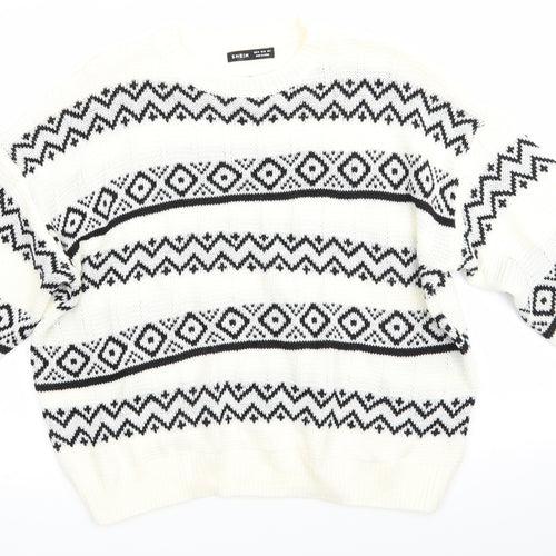 SheIn Mens Ivory Round Neck Striped Polyester Pullover Jumper Size M   - Geometric Stripes