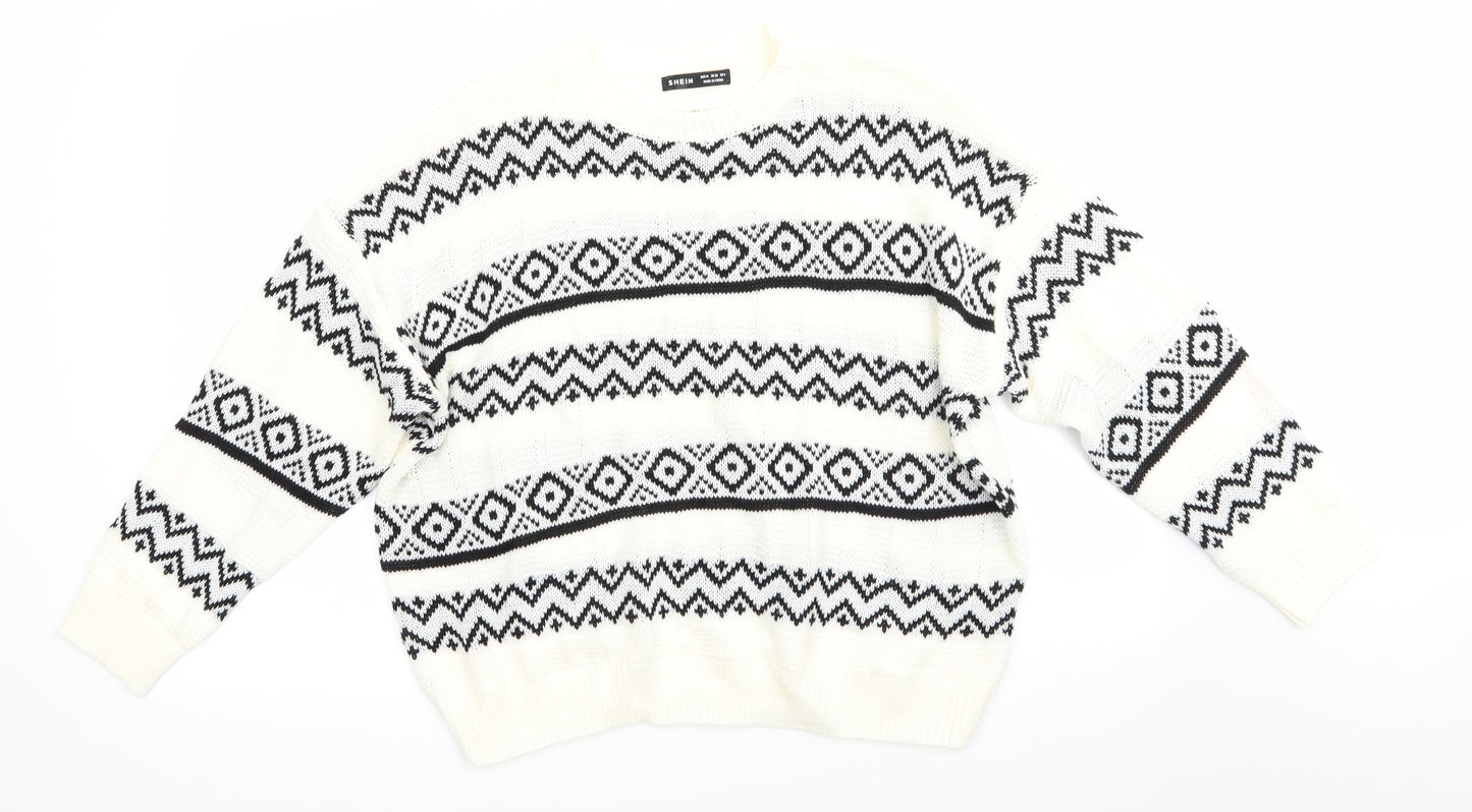 SheIn Mens Ivory Round Neck Striped Polyester Pullover Jumper Size M   - Geometric Stripes
