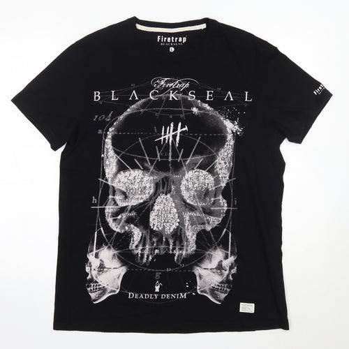 Firetrap Mens Black  Cotton  T-Shirt Size L Round Neck
