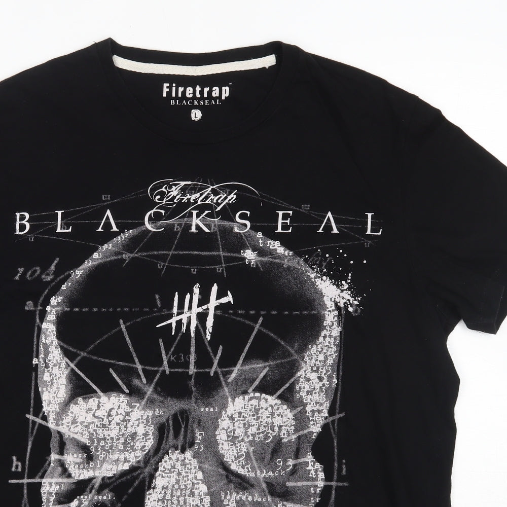 Firetrap Mens Black  Cotton  T-Shirt Size L Round Neck