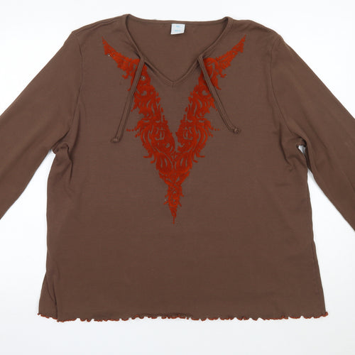 M&S Womens Brown  Cotton Basic Blouse Size 2XL Round Neck - Frill Detail Bohemian