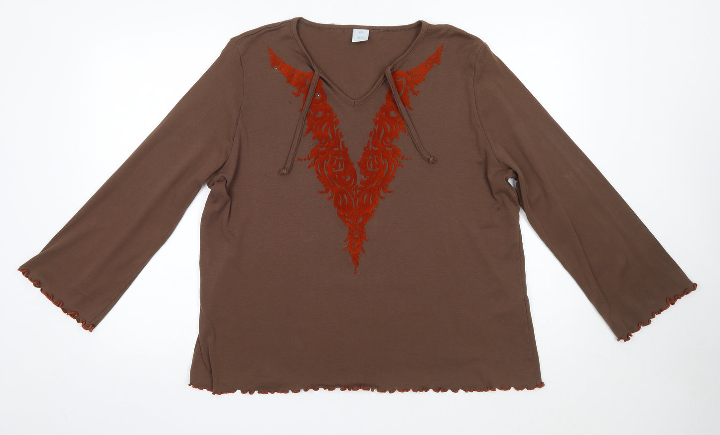 M&S Womens Brown  Cotton Basic Blouse Size 2XL Round Neck - Frill Detail Bohemian
