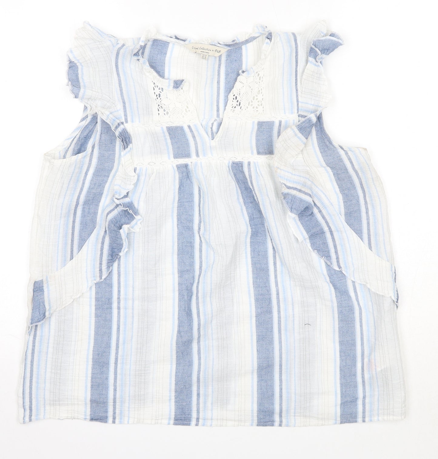 F&F Womens Blue Striped 100% Cotton Basic Blouse Size 14 Round Neck