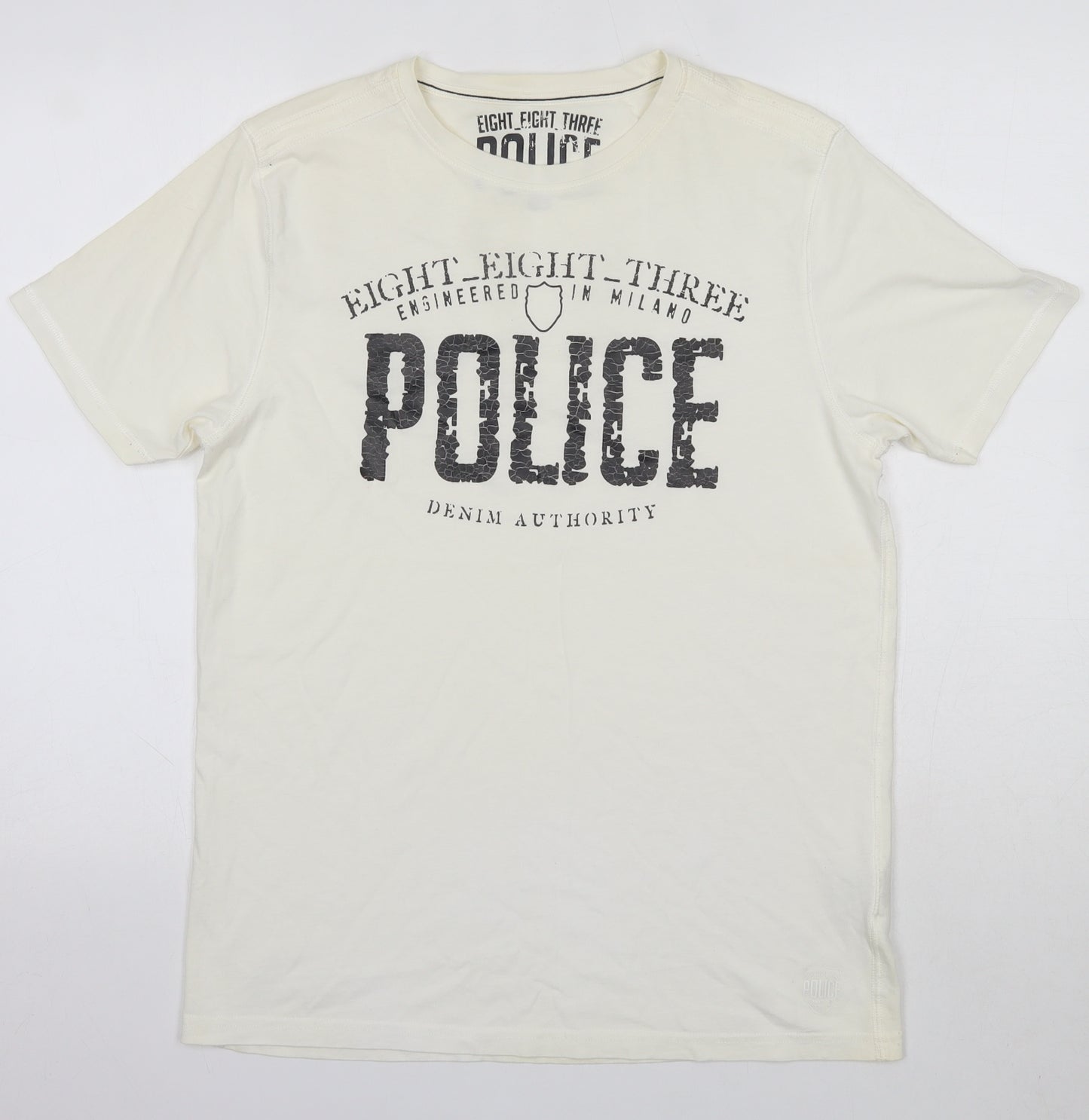 883 Police Mens Ivory  Cotton  T-Shirt Size L Round Neck  - Size 4 Off White