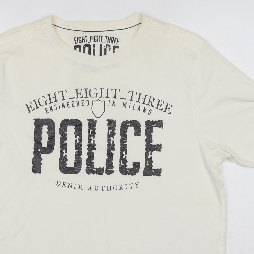 883 Police Mens Ivory  Cotton  T-Shirt Size L Round Neck  - Size 4 Off White