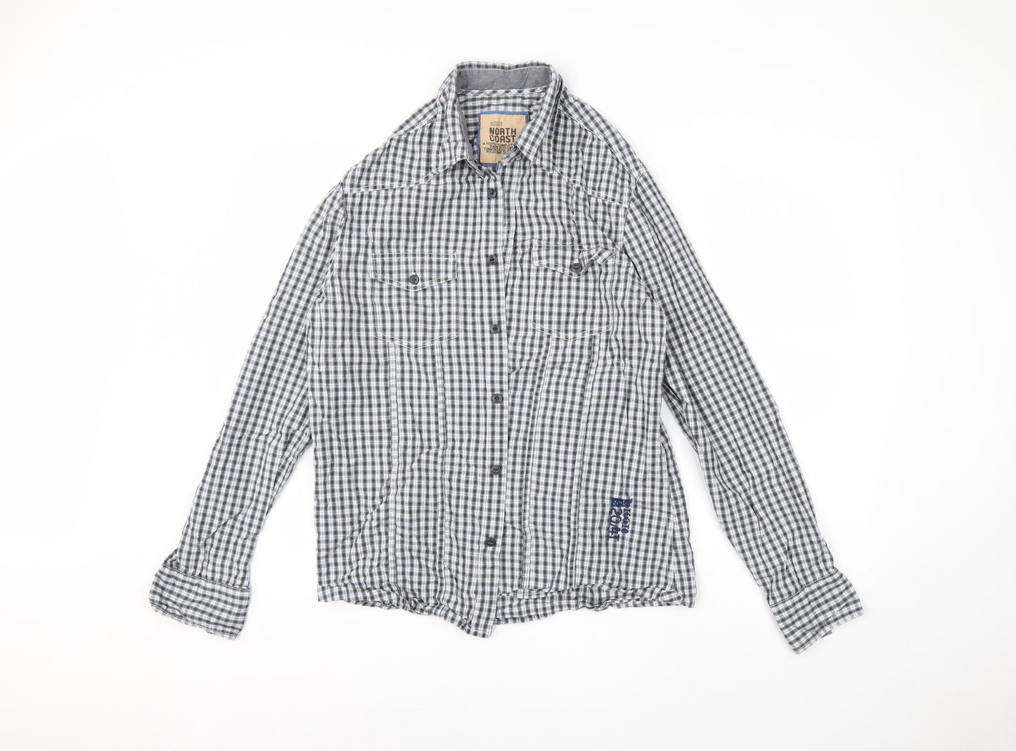 M&S Mens Grey Check Cotton  Button-Up Size M Collared Button