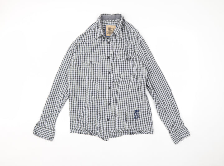 M&S Mens Grey Check Cotton  Button-Up Size M Collared Button