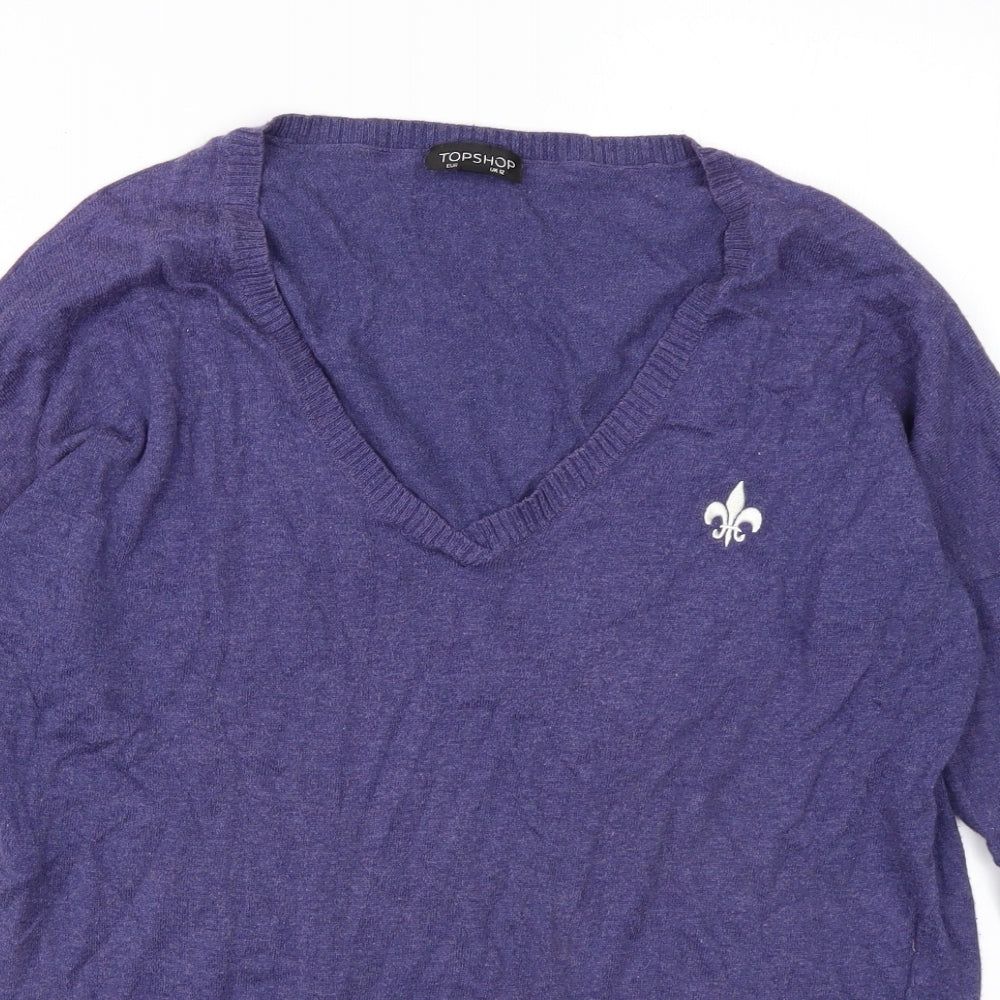 Topshop Womens Purple V-Neck  Cotton Pullover Jumper Size 12