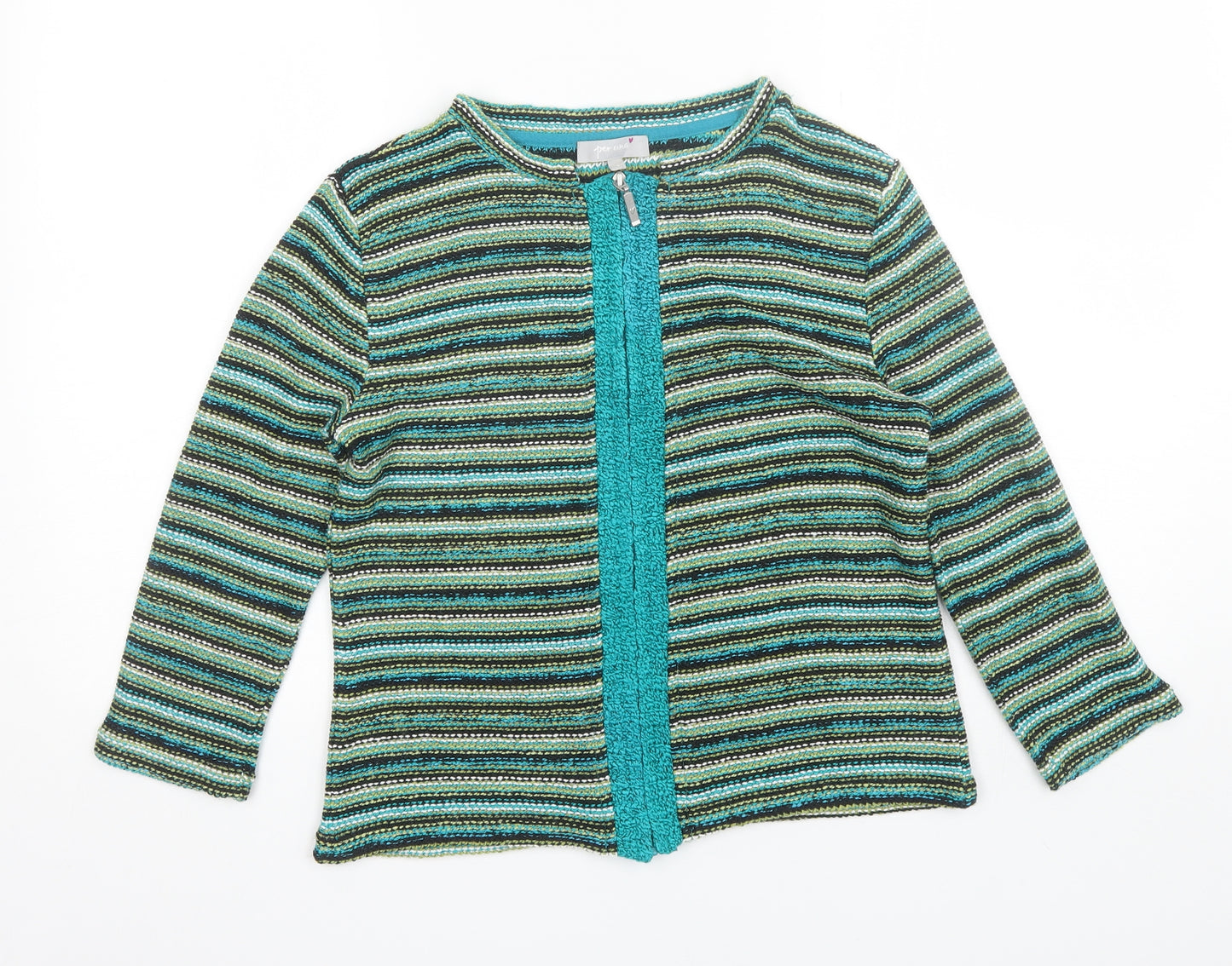 Per Una Womens Green Round Neck Striped Acrylic Full Zip Jumper Size S