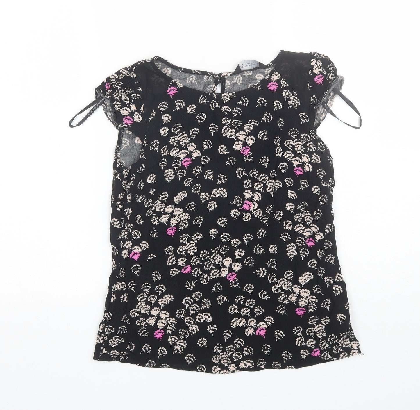 Dorothy Perkins Womens Black Floral Viscose Basic Blouse Size 8 Round Neck