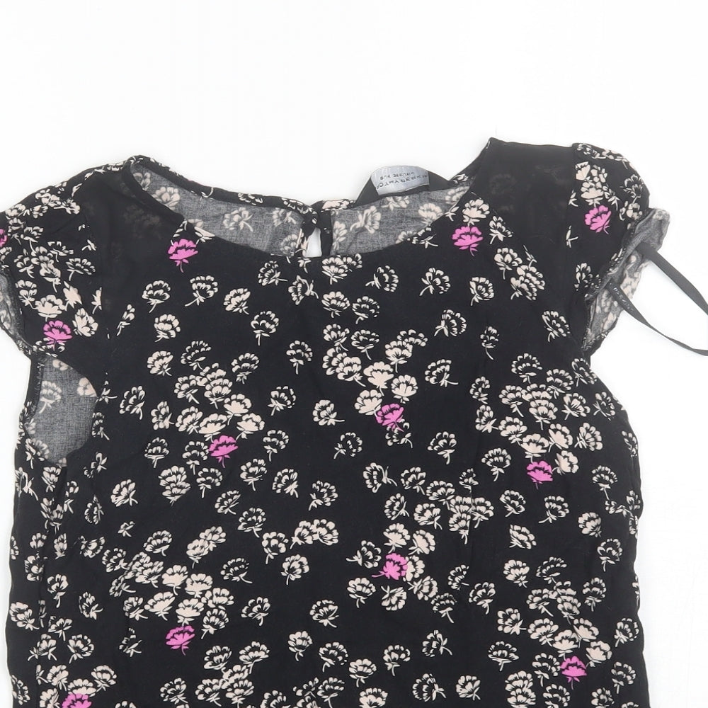 Dorothy Perkins Womens Black Floral Viscose Basic Blouse Size 8 Round Neck