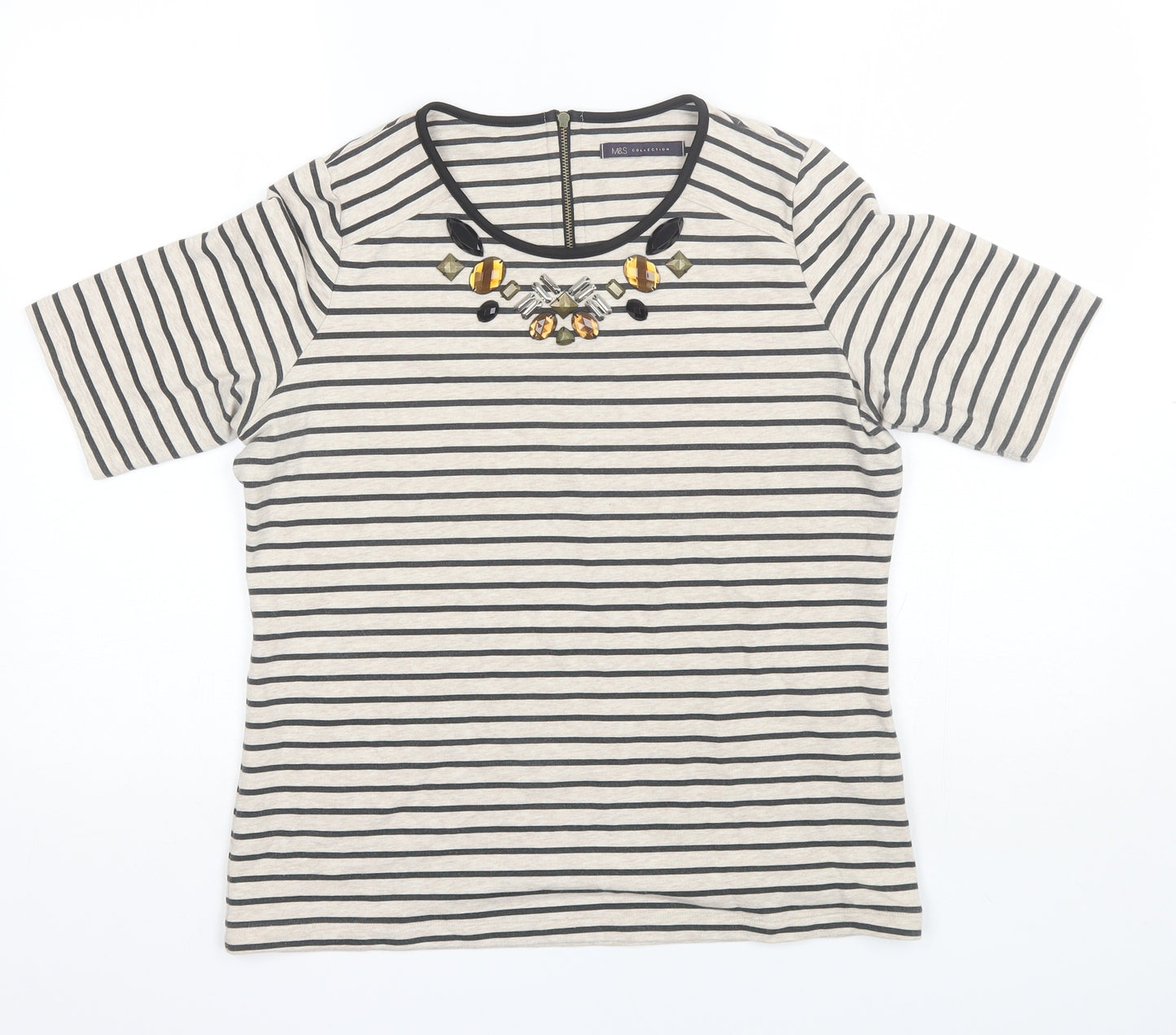 Marks and Spencer Womens Black Striped Cotton Basic T-Shirt Size 14 Round Neck