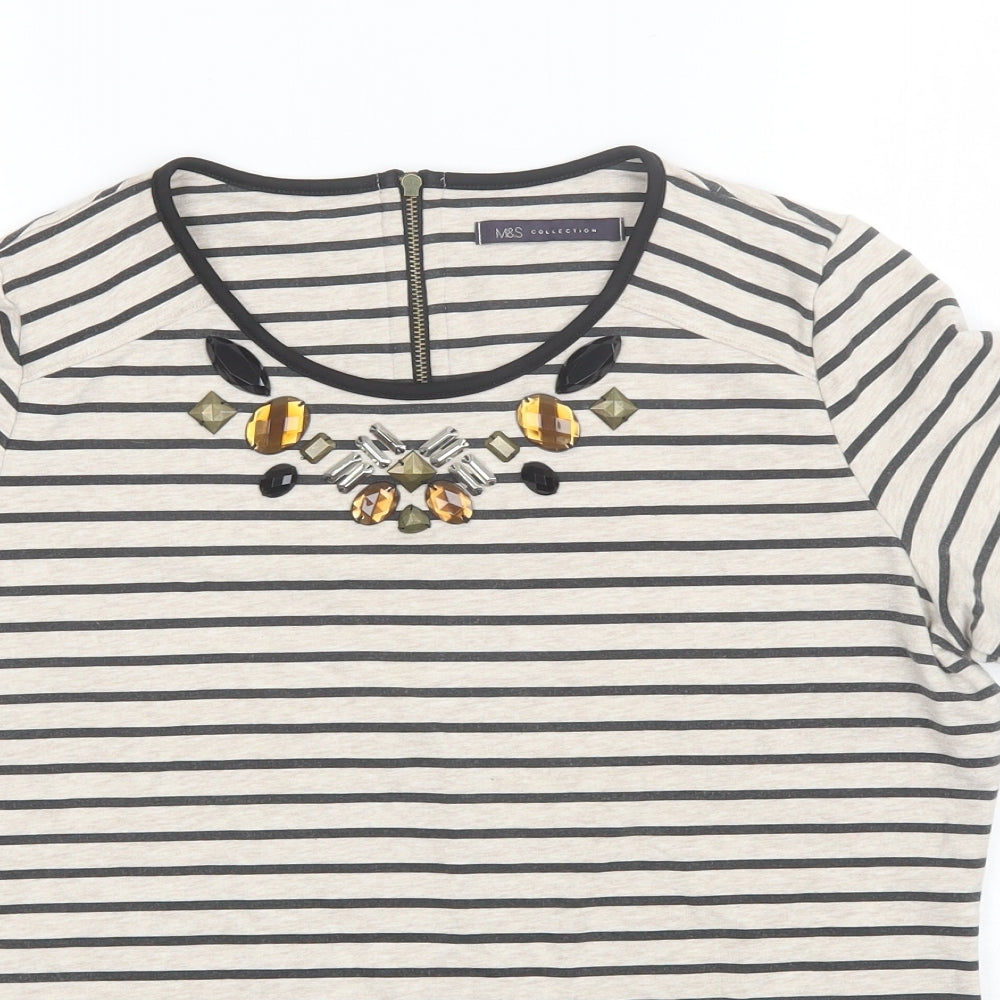 Marks and Spencer Womens Black Striped Cotton Basic T-Shirt Size 14 Round Neck