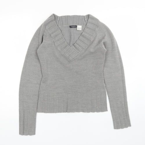 Redoute Womens Grey V-Neck  Acrylic Pullover Jumper Size 4