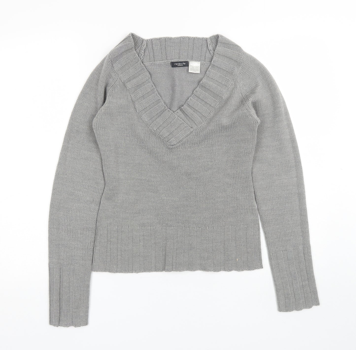Redoute Womens Grey V-Neck  Acrylic Pullover Jumper Size 4