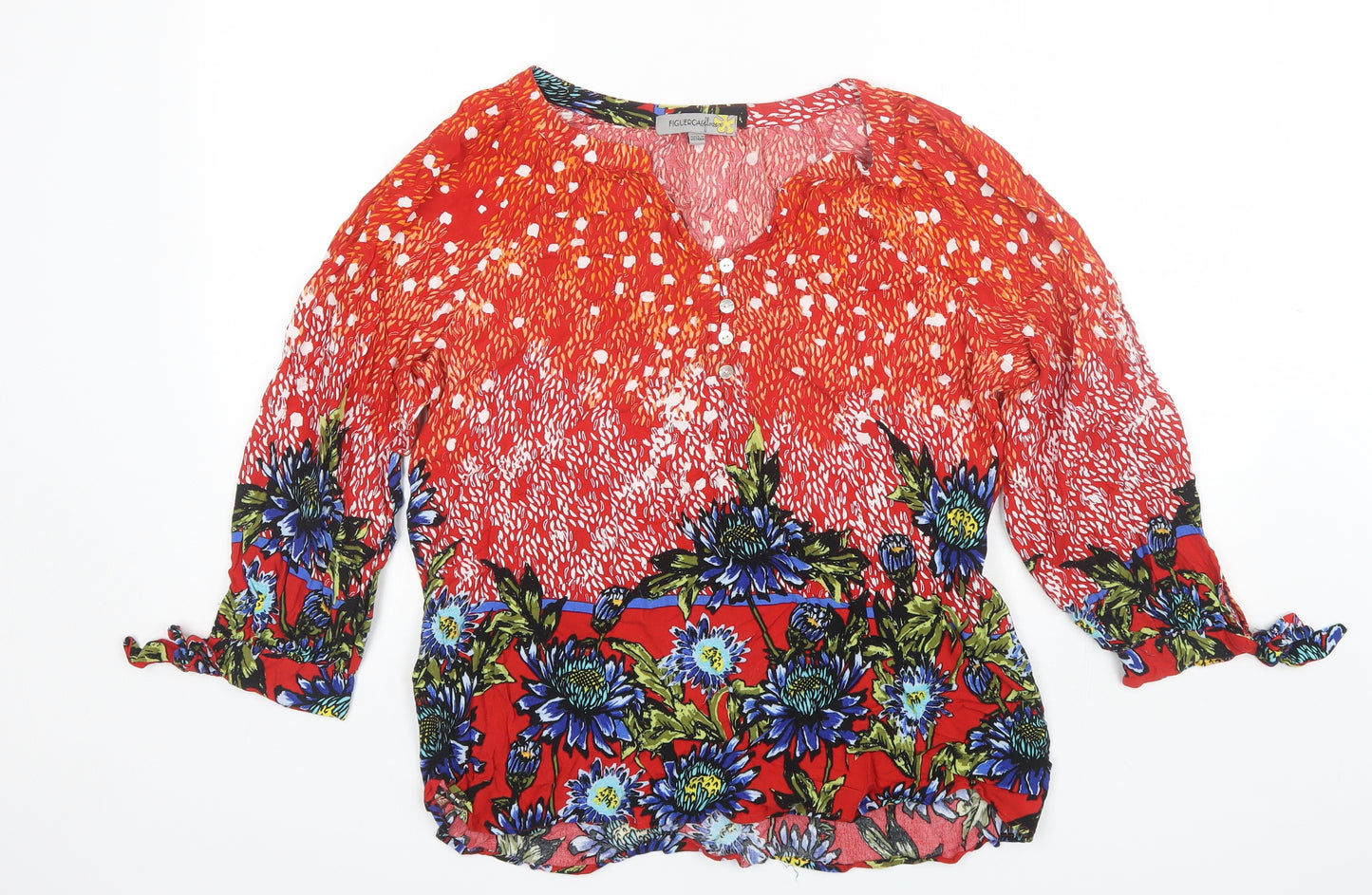 Figuerca & Flower Womens Orange Floral  Basic Blouse Size XL V-Neck