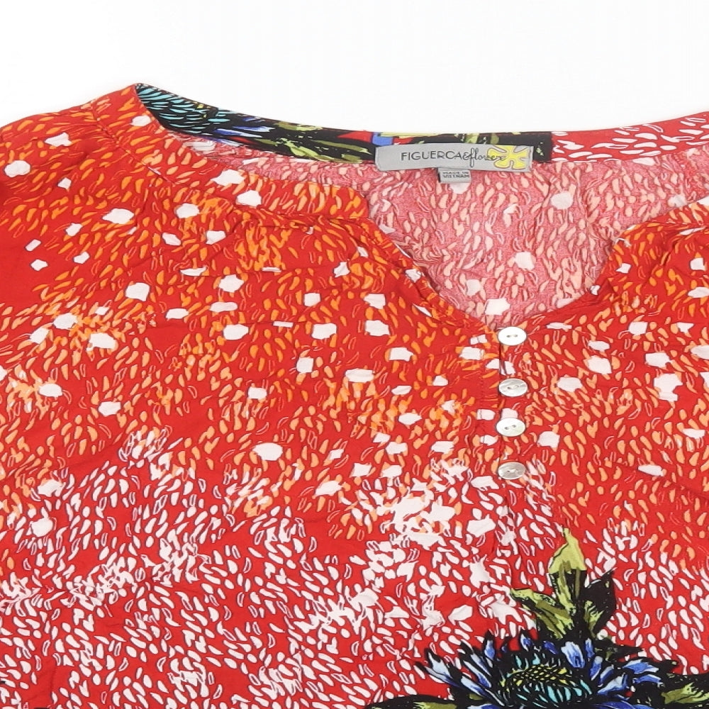 Figuerca & Flower Womens Orange Floral  Basic Blouse Size XL V-Neck