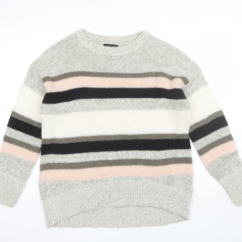 New Look Womens Grey Round Neck Striped Acrylic Pullover Jumper Size M