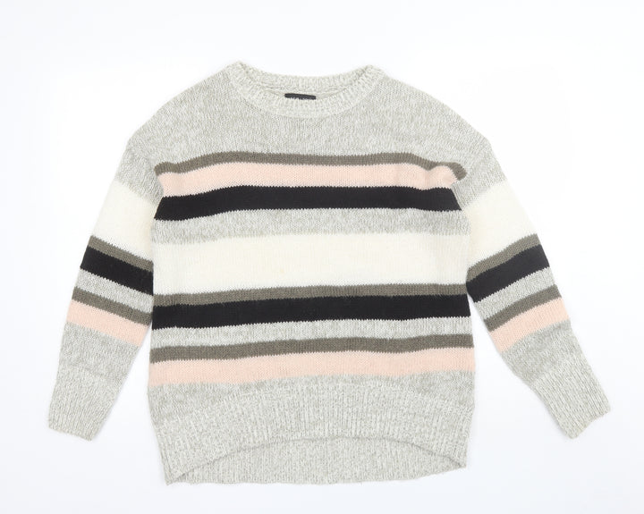 New Look Womens Grey Round Neck Striped Acrylic Pullover Jumper Size M