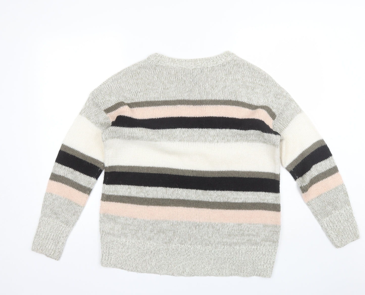 New Look Womens Grey Round Neck Striped Acrylic Pullover Jumper Size M
