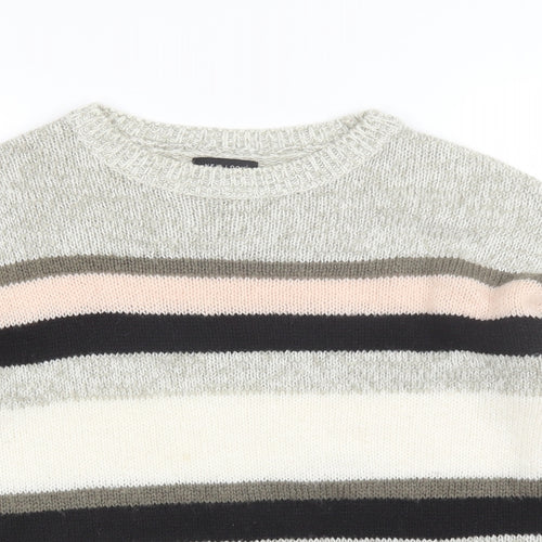 New Look Womens Grey Round Neck Striped Acrylic Pullover Jumper Size M
