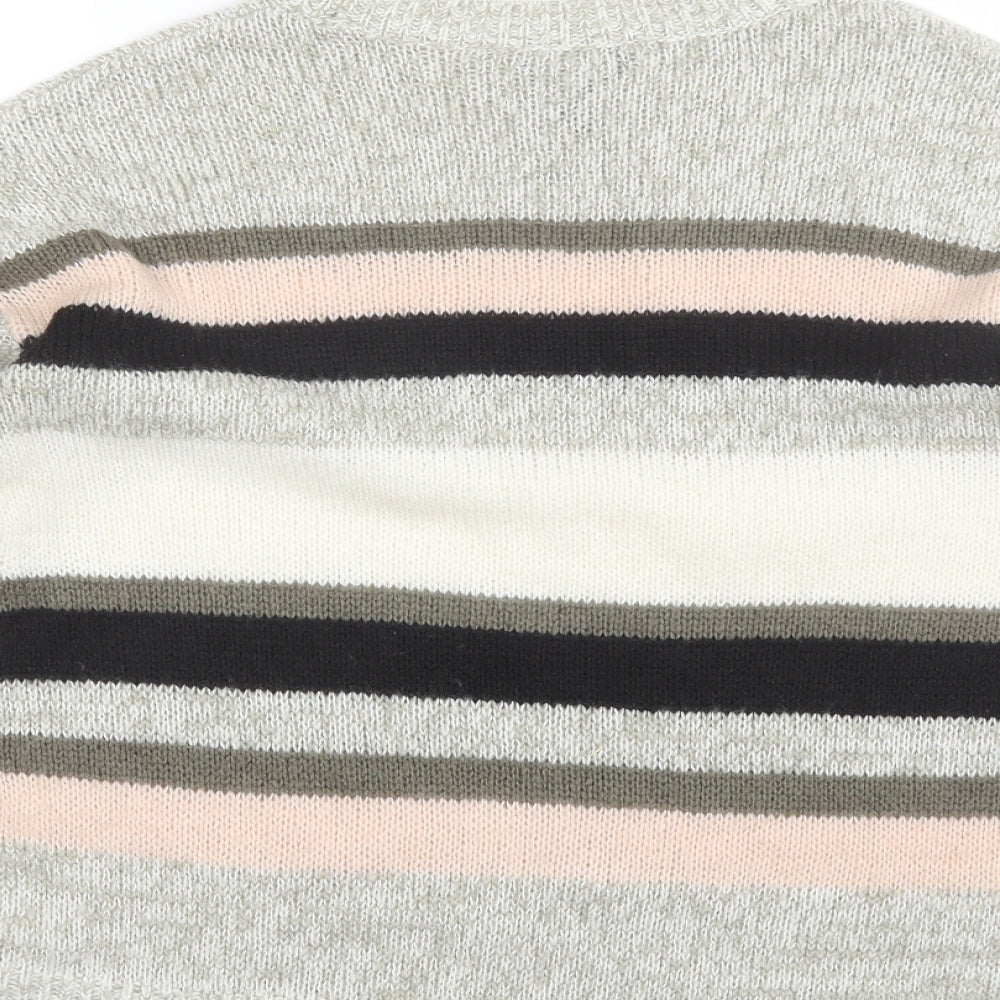 New Look Womens Grey Round Neck Striped Acrylic Pullover Jumper Size M