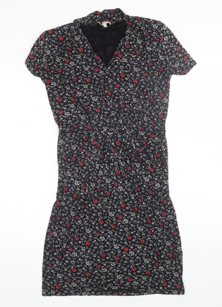 Papaya Womens Black Floral Viscose Shift Size 8 V-Neck