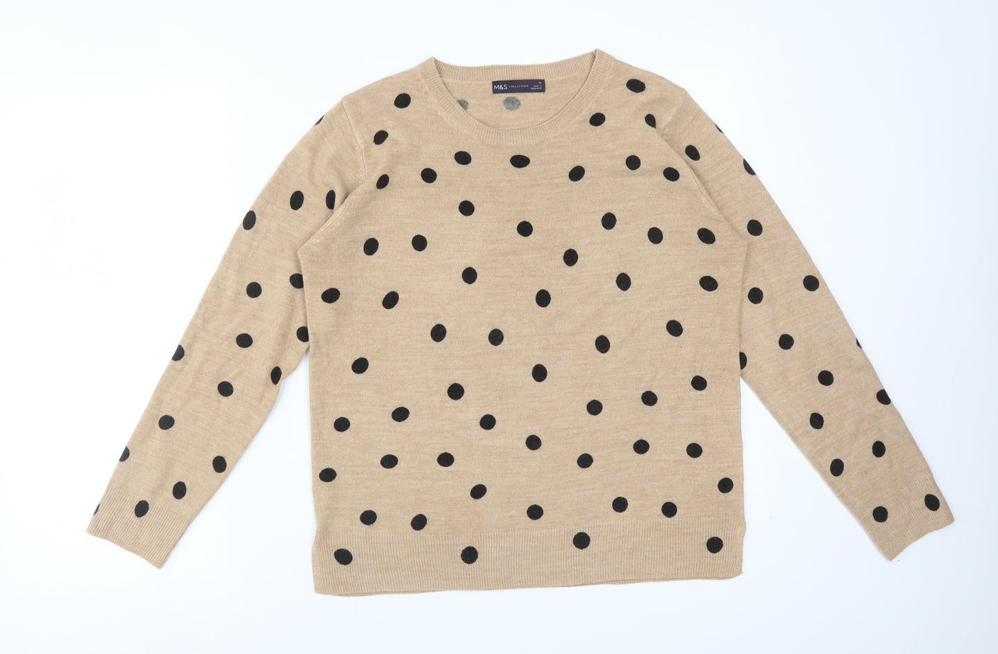 M&S Womens Brown Polka Dot Acrylic Basic T-Shirt Size 14 Crew Neck