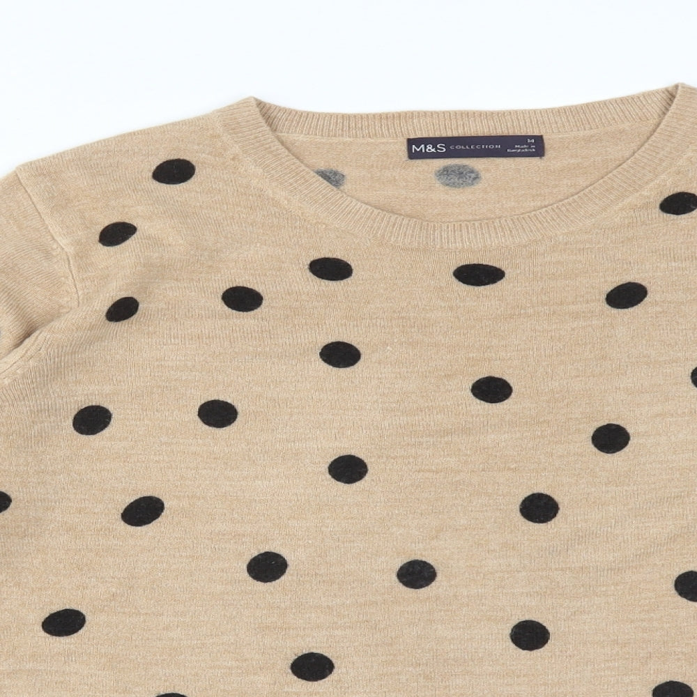 M&S Womens Brown Polka Dot Acrylic Basic T-Shirt Size 14 Crew Neck