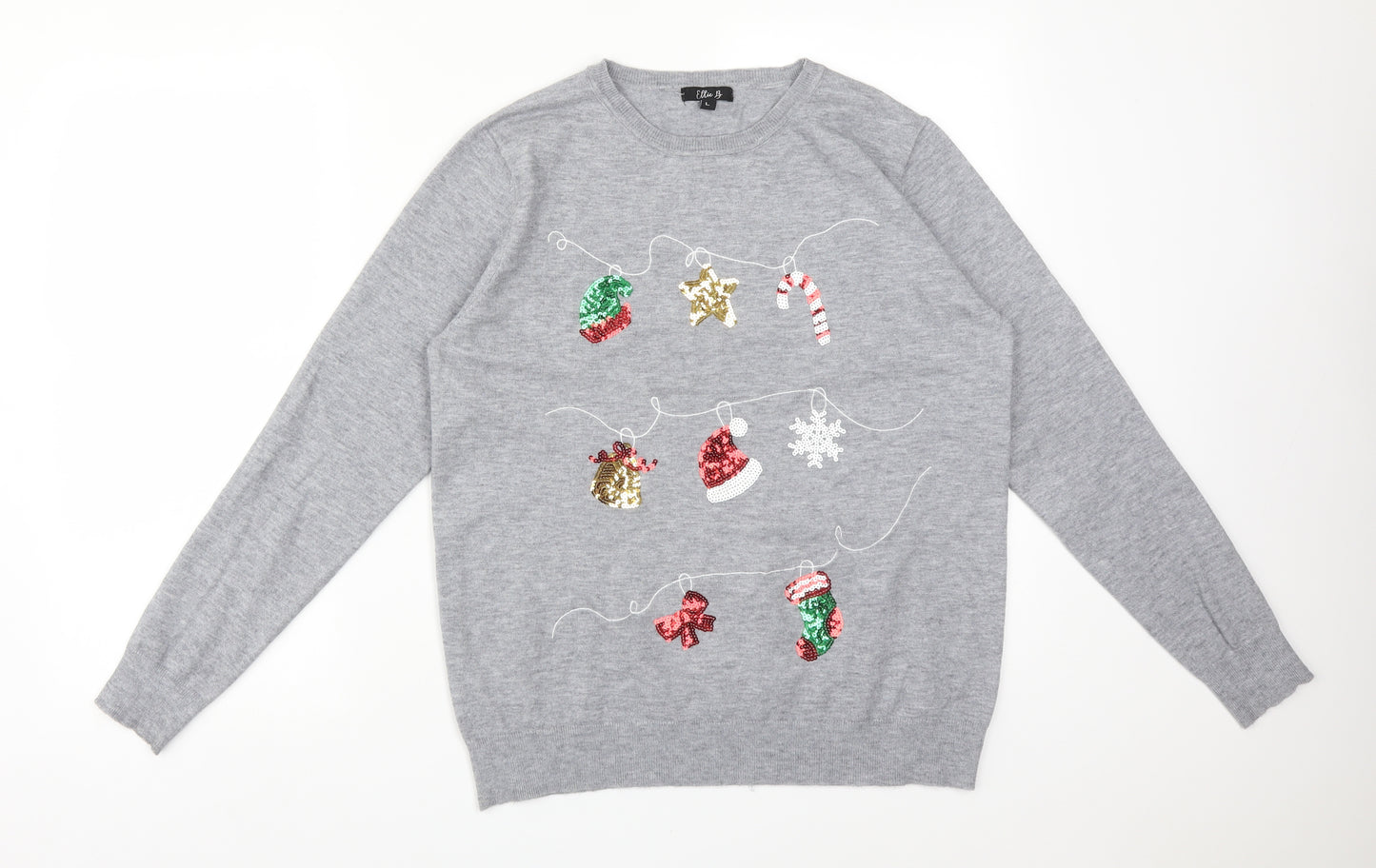 ELLIE B Womens Grey  Viscose Basic T-Shirt Size L Crew Neck - CHRISTMAS