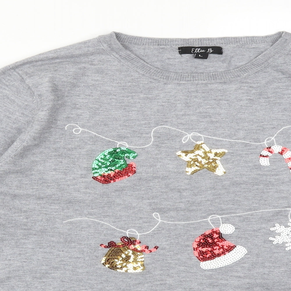 ELLIE B Womens Grey  Viscose Basic T-Shirt Size L Crew Neck - CHRISTMAS