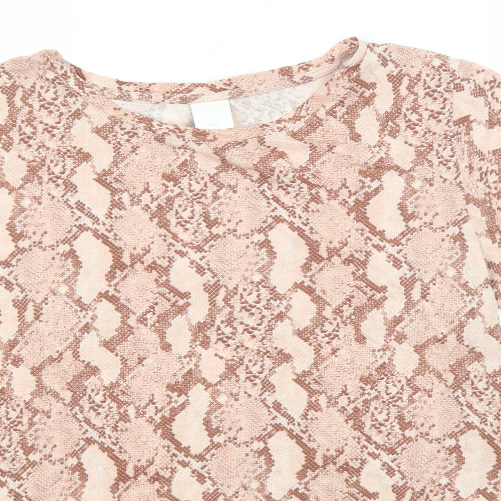 H&M Womens Brown Animal Print Cotton Basic T-Shirt Size S Roll Neck