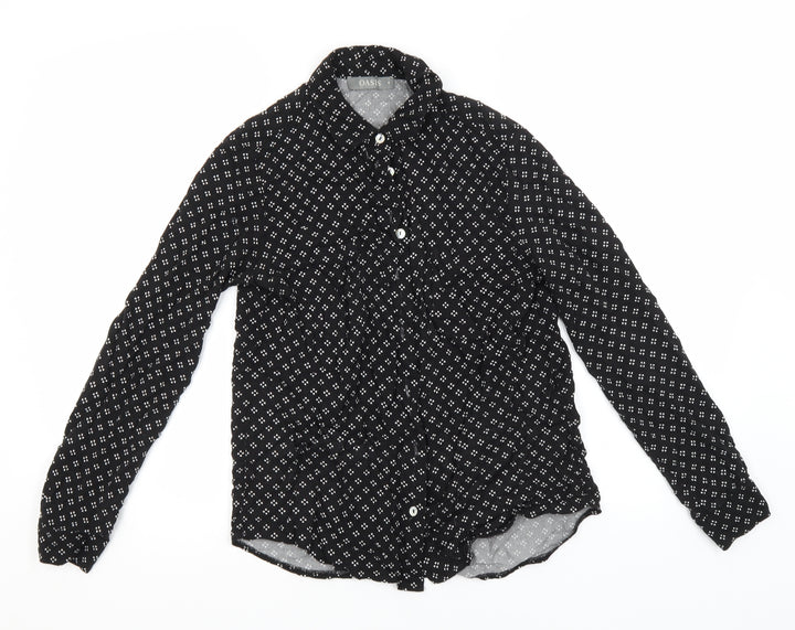 Oasis Womens Black Geometric Basic Button-Up Size 8 Collared