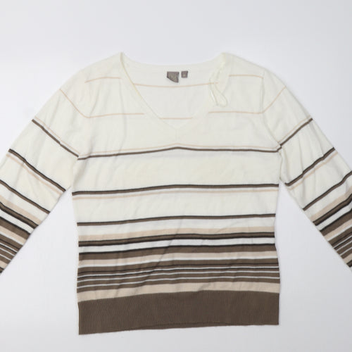 TU Womens White V-Neck Striped Acrylic Shrug Jumper Size 14