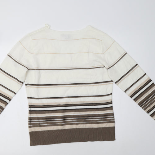 TU Womens White V-Neck Striped Acrylic Shrug Jumper Size 14