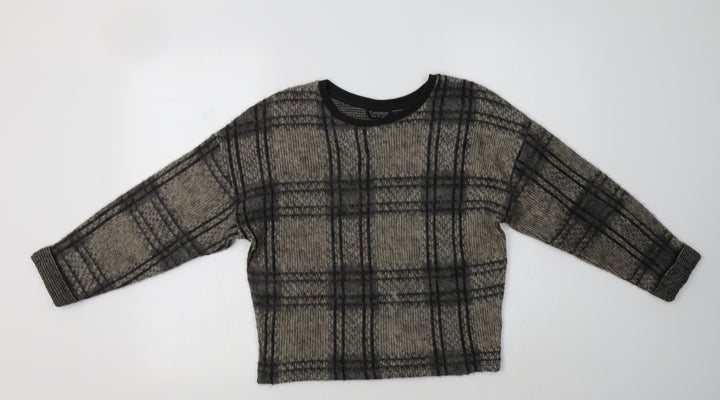Topshop Womens Beige Crew Neck Check Acrylic Pullover Jumper Size 6