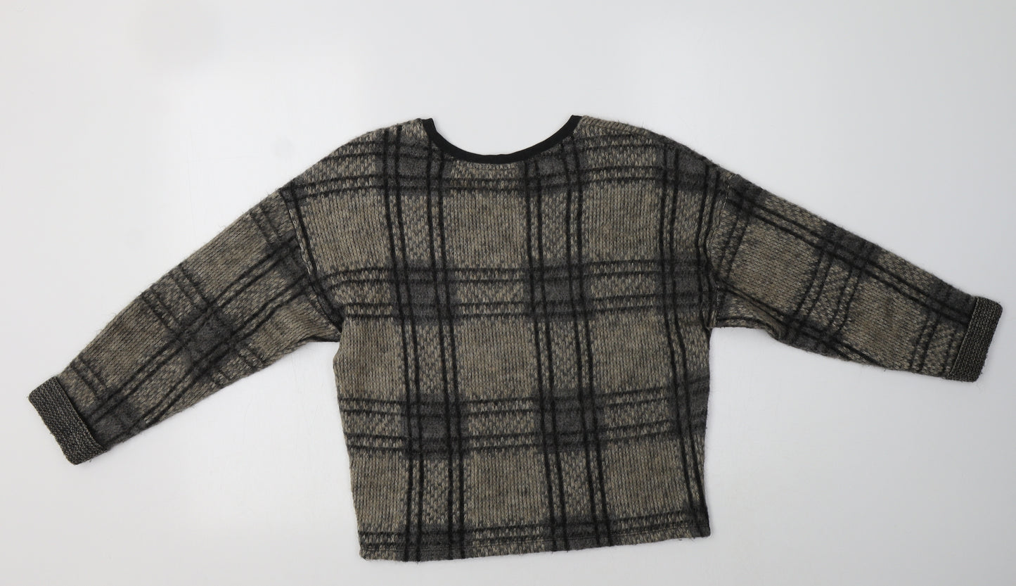 Topshop Womens Beige Crew Neck Check Acrylic Pullover Jumper Size 6