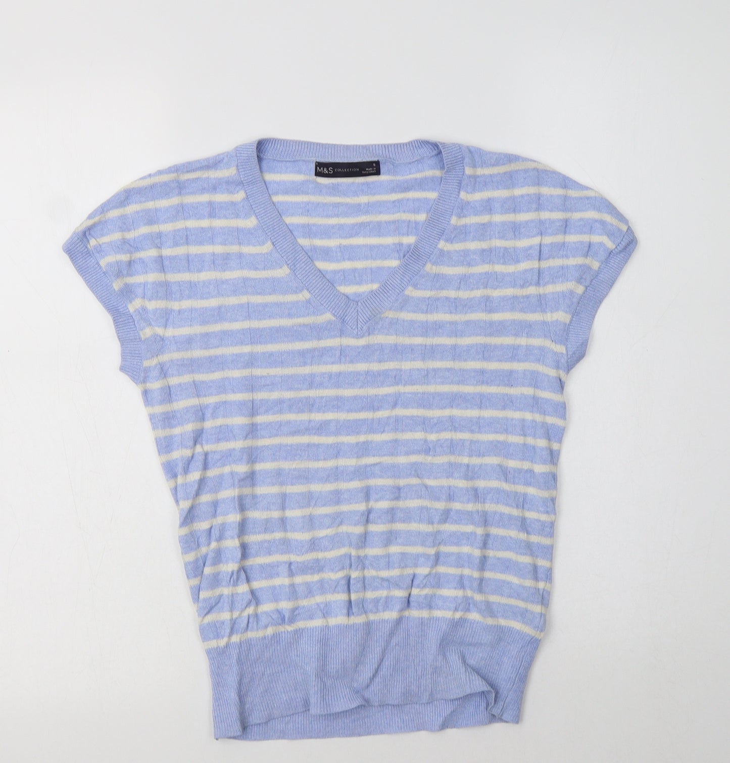 M&S Womens Blue V-Neck Striped Viscose Vest Jumper Size S